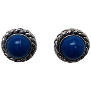 Women’s Royal Blue Twisted Silver Tone Nautical Button Clip On Vintage Earrings